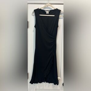 La Belle Black Asymmetrical Dress with Wrap Design V Neck and Ruffle Hem